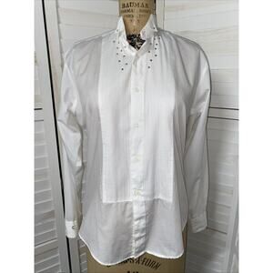 80s Fashion Gear White Tuxedo Shirt Pleated Front Long Sleeve Rhinestone Small